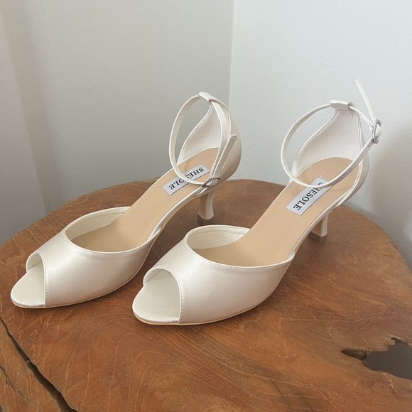 Satin Peep Toe Heels, Perfect Bridal Shoe with Ankle Strap - Picture 2 of 7